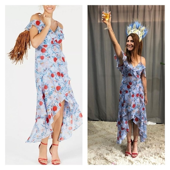 NWT Bardot x Revolve Blue Floral Cold Shoulder Ruffle Hi Low Midi Dress XS - Picture 5 of 16